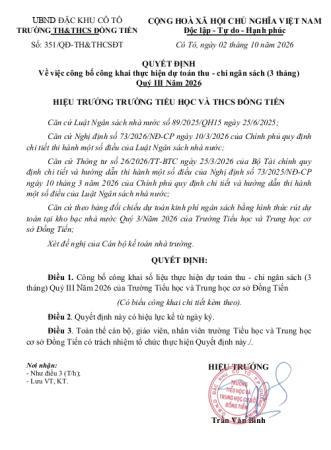 CÔNG KHAI THỰC HIỆN DỰ TOÁN THU - CHI NGÂN SÁCH QUÝ III NĂM 2026 CỦA TRƯỜNG TH&THCS ĐỒNG TIẾN